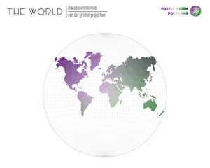 Low poly design of the world. Van der Grinten projection of the world. Purple Green colored polygons. Awesome vector illustration.