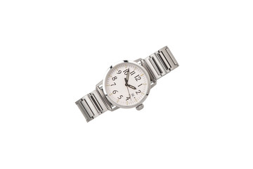 Modern men's wristwatch with metal bracelet isolate on a white background.