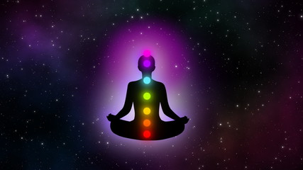 Abstract meditation man with seven chakras in the universe