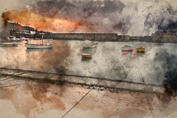 Fototapeta na wymiar Digital watercolor painting of A traditional Cornish fishing village before sunrise in Cornwall England