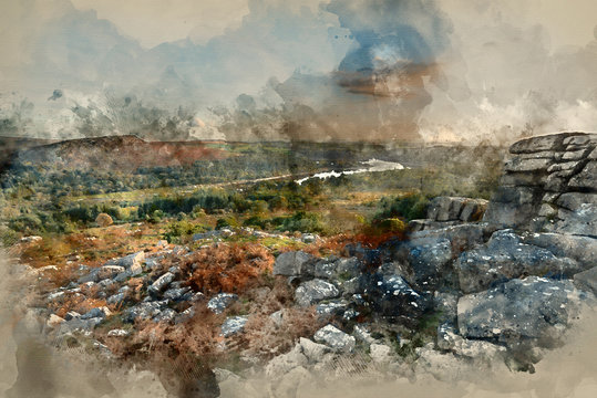 Digital watercolor painting of Beautiful Autumn sunset landscape image of view from Leather Torin Dartmoor National Park
