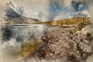 Digital watercolor painting of Stunning landscape of Wast Water and Lake District Peaks on Summer day reflected in lake