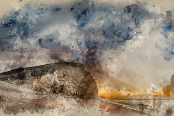 Naklejka na ściany i meble Digital watercolor painting of Beautiful vibrant long exposure sunrise landscape image of West Bay in Dorset England