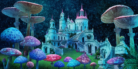 fantastic wonderland landscape with mushrooms, beautiful old castle and moon. illustration to the fairy tale 