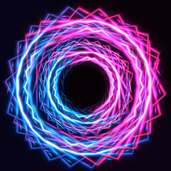 Psychedelic Abstract Futuristic Neon Fluorescent Sci Fi Bright Purple Blue Glow Laser Showcase Stage Dark Room Retro Modern Virtual Background Spaceship Corridor Shape Tunnel