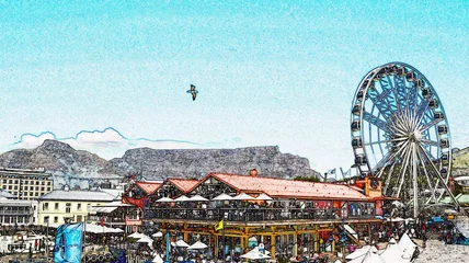 Fototapeten Landscape with the Ferris Wheel at the V&A waterfront and Table Mountain in the background © lehmannw