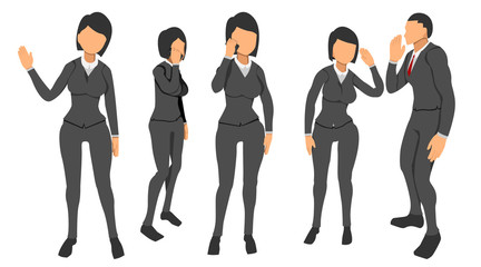 many female characters demonstrate the pose of communication and social relations. set of female characters holding cellphones, waving and listening.