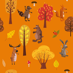 Autumn forest cute animals seamless pattern with trees leaves
