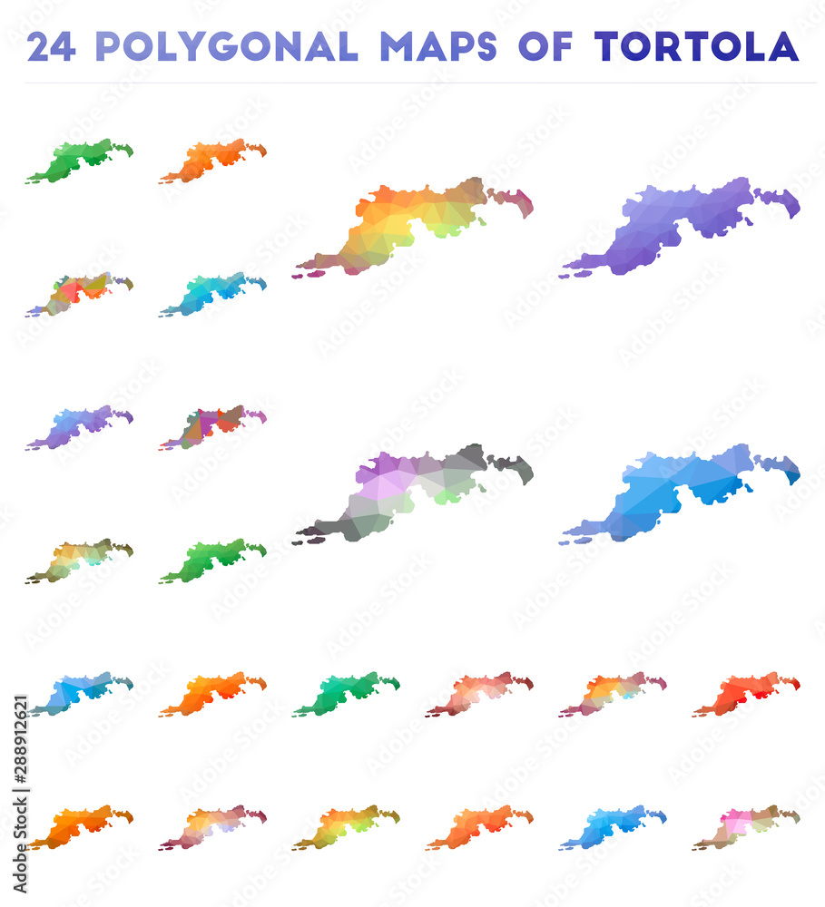 Poster set of vector polygonal maps of tortola. bright gradient map of island in low poly style. multicolor