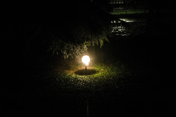 Meditation during the rainy night brings all kinds of beautiful light effects. Light rays are escaping from the bulb.
