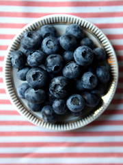 A white plate with blueberries on a striped tablecloth 