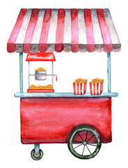 Watercolor popcorn cart, trolley, truck. Illustration isolated on white background