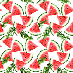 hand-drawn watercolor red watermelon and tropical branches on a seamless white background for use in design, textiles, wallpaper, wrapping paper, stationery