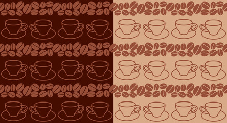 dark and light vector seamless backgrounds with coffee beans and cups - set