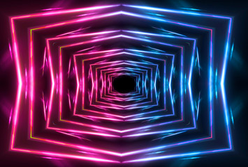 Psychedelic Abstract Futuristic Neon Fluorescent Sci Fi Bright Purple Blue Glow Laser Showcase Stage Dark Room Retro Modern Virtual Background Spaceship Corridor Shape Tunnel