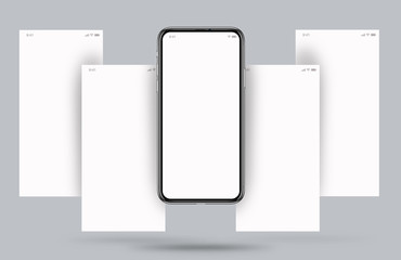 model of a cell phone, with four white screens and a light gray background