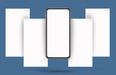 Template of a cell phone, social media with cell phone, with four horizontally white screens and a blue background.