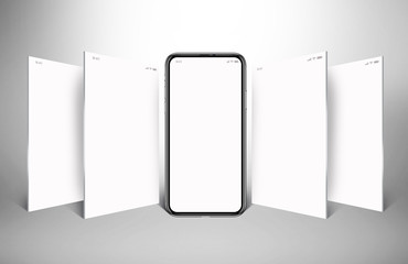 model of a mobile phone with four white screens and gray background