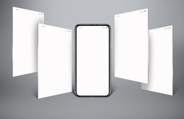 model of a mobile phone, with four white screens and gray background