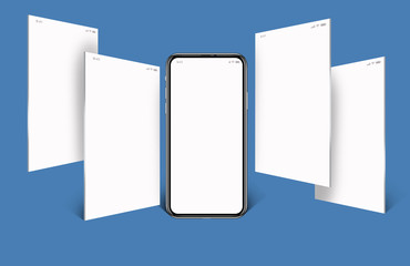 model of a cell phone, social media with cellphone, with four white screens horizontally and a blue background.