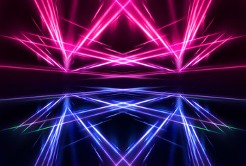 Fototapeta premium Psychedelic Abstract Futuristic Neon Fluorescent Sci Fi Bright Purple Blue Glow Laser Showcase Stage Dark Room Retro Modern Virtual Background Spaceship Corridor Shape Tunnel