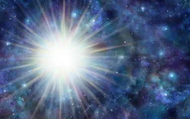 Fototapeta premium Huge Deep Space Energy Orb - dark blue outer space background with a massive blast of white light on left side and plenty of copy space