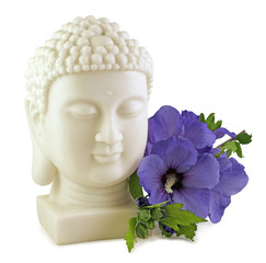 Buddha and Blue Hibiscus - Buddha Statue head and Blue Hibiscus Flower isolated on white background