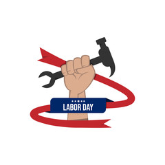 Happy labor day vector label with hand fist isolated on white background