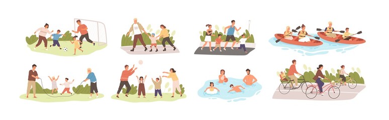 Family activities flat vector illustrations set. Happy childhood, active recreation. Happy parents and children cartoon characters pack. Outdoor games, football, roller skating, jogging and cycling. - obrazy, fototapety, plakaty