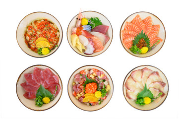 Variety of Donburi set with Seafood, Salmon, Maguro, Hamachi and japanese rice in bowl