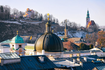 Panorama of Salzburg from Kapuzinerberg hill on Holy Trinity Church