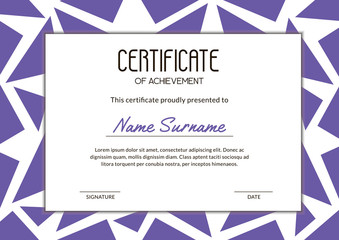 Elegant certificate of achievements with purple triangles. Vector horizontal template for educational courses and gift cards. A4 standard scaled size
