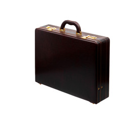 Brown leather suitcase with combination lock and gold locks isolated on white background. Briefcase...