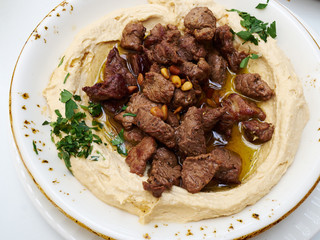 Hummus with lamb meat  Middle East Arabic food
