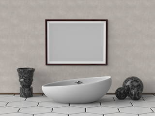 Mock up framed canvas poster print with white modern bathtub, black marble vase and orb sphere in the room. Empty space for advertising, promotion, social media banners. White Ground.