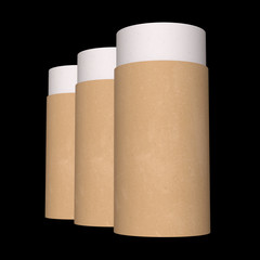 Kraft paper cardboard tube package mock up. 3d render on black background.