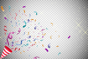 Lots of colorful tiny confetti and ribbons on transparent background. Festive event and party. Multicolor background.Colorful bright confetti isolated on transparent background