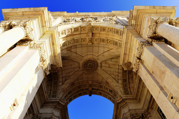 close up view to the Beautiful ceiling of the Triumphal Arch (Arco da Rua Augusta) in the Commerce square (Praça do Comercio) in Lisbon, Portugal