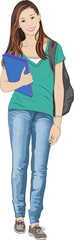 A vector illustration of a pretty teenage girl wearing jeans, holding schoolbooks, with a backpack. 