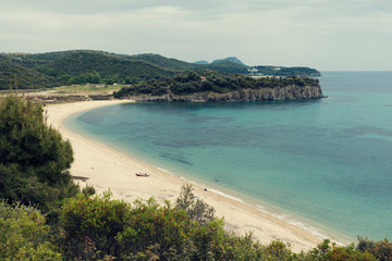 Picturesque view of beach with kayak in Greece Selective focus