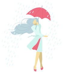 Here is a woman under an umbrella in rainy and windy weather. She stretched out her hand to feel the rain. Used cartoon style.