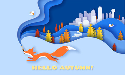 Fototapeta premium Horizontal banner Hello Autumn with Fox running