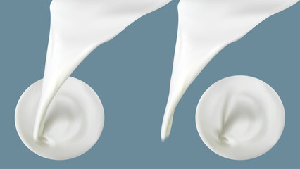 Milk pouring realistic vector illustration. Natural dairy products, yogurt or cream flowing stream top view, for packaging design isolated on blue background