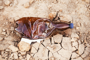 Plastic pollution on the beach. Single use plastic bottle in sand, marine trash on the beach. Stop plastic pollution. Garbage at coast. Rubbish disaster. Ban single use