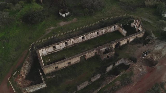 Aerial drone view of the abandoned mines of Mina de Sao Domingos, in Alentejo Portugal
