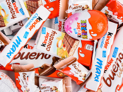 BUCHAREST, ROMANIA - DECEMBER 04, 2015: Kinder Chocolate is a confectionery product brand line of Italian confectionery multinational Ferrero