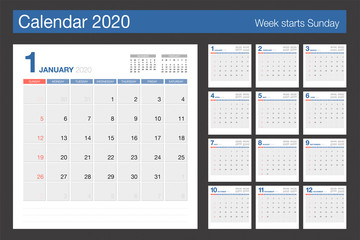 Calendar 2020 minimal design template. Desk Calendar modern design with light blue and grey color.