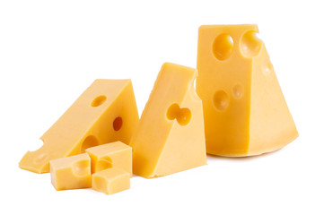 pieces of tasty yellow cheese isolated on white background