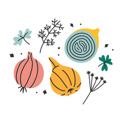 hand drawn vector illustration of onion cooking ingredient in modern sketch hanndrawn style. Colorful drawing of vegetable with seasoning isolated on white background. © Favebrush