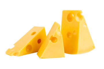 pieces of tasty yellow cheese isolated on white background